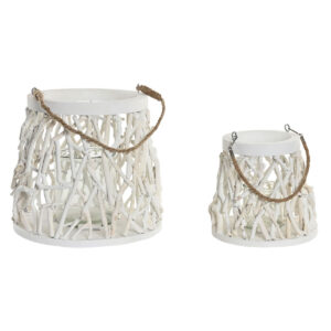 Bougeoir Home ESPRIT Blanc Bois Verre 35 x 35 x 32 cm (2 Unités)